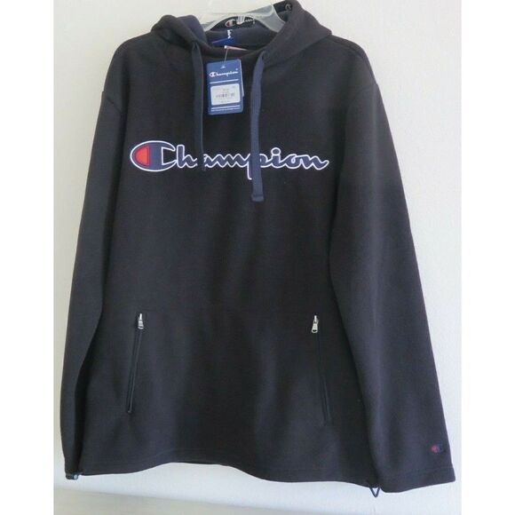 Champion 213555-001 Men's Size M Black Suede Script Logo Fleece Hoodie $105 - Picture 1 of 8